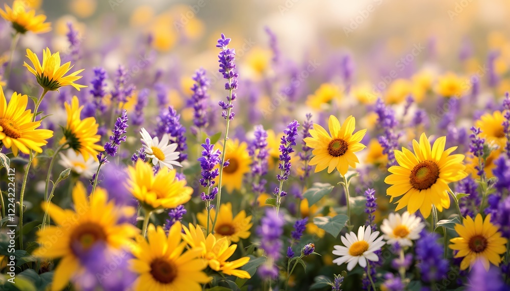 Vibrant Summer Meadow: Sunflowers and Lavender in Golden Sunlight Vibrant Summer Meadow: Sunflowers and Lavender in Golden Sunlight