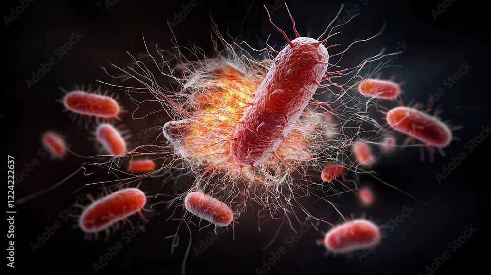 Obraz premium E. coli microbes in dynamic environment, showcasing their intricate structure and movement. vibrant colors highlight their biological activity