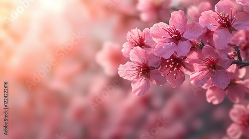 dreamy refreshing spring floweer background, blossoming pink cherry flower against sunlight and bokeh flare photo