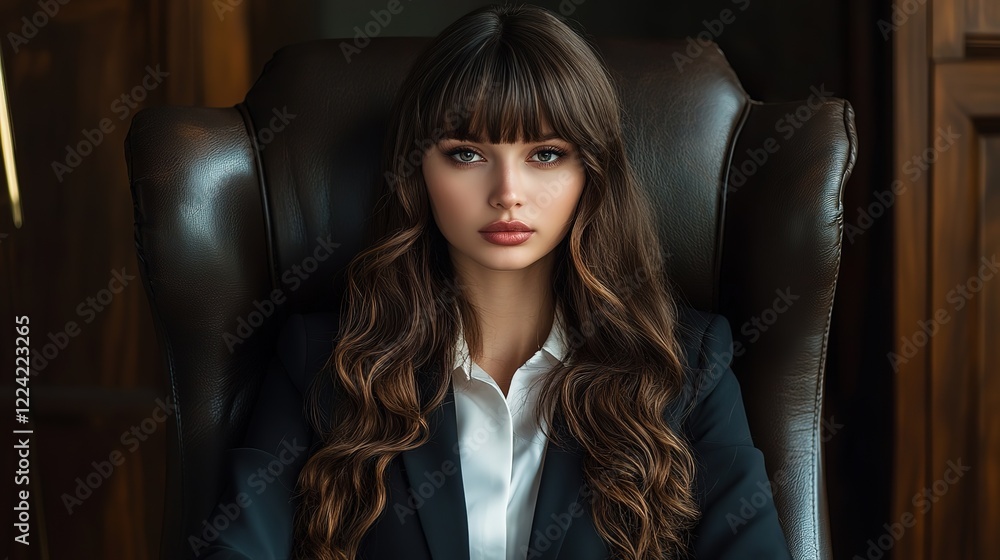close up woman face portrait with calm and optimistic vibes, pretty businesswoman sitting on leather chair cozy with confident close up woman face portrait with calm and optimistic vibes, pretty businesswoman sitting on leather chair cozy with confident