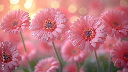 dreamy springtime pink gerbera flower background,soft sunlight peaceful flower field