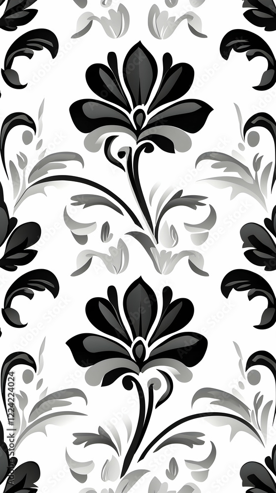 Elegant black and grey floral damask pattern, repeating design, textile, wallpaper Elegant black and grey floral damask pattern, repeating design, textile, wallpaper