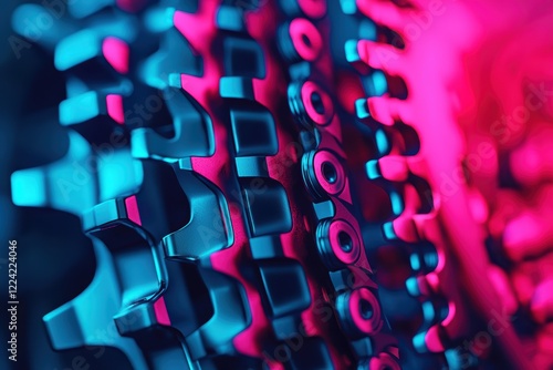 Close Up of Bicycle Gears with Vivid Pink and Blue Neon Lighting
