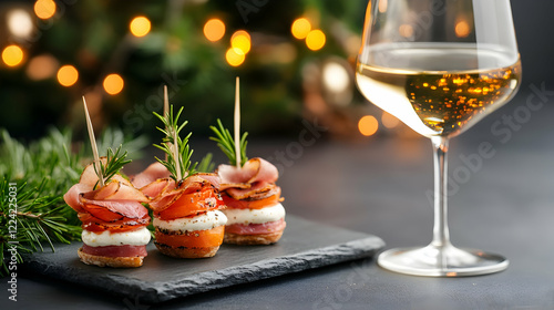 Festive prosciutto, tomato, and cheese appetizers with white wine, Christmas lights background; ideal for holiday recipes