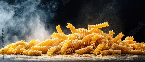 Obraz  z motywem A close-up of steaming fusilli pasta dusted with flour on a dark background.