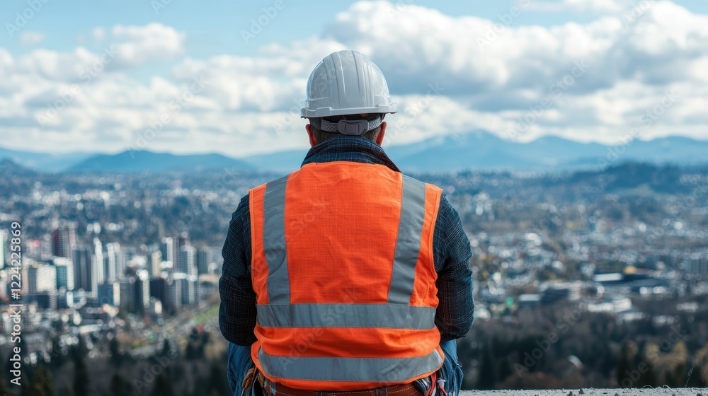 Construction Worker Contemplating City Skyline from a High Vantage Point Construction Worker Contemplating City Skyline from a High Vantage Point