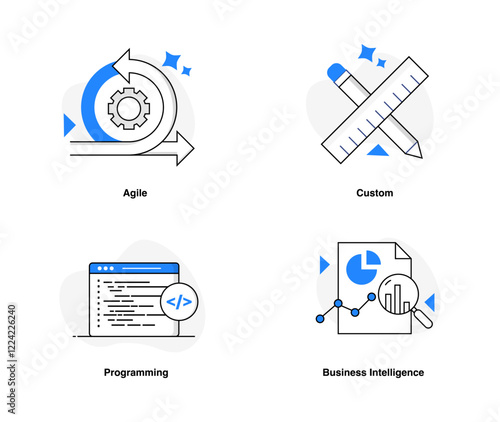 Visualizing Software Development Methodologies: Agile, Custom, Programming, and Business Intelligence. Editable Stroke and Color