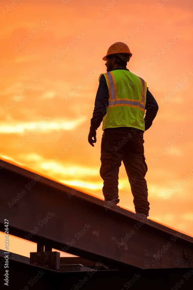 Fototapeta premium Construction Worker Silhouetted Against Vibrant Sunset Sky
