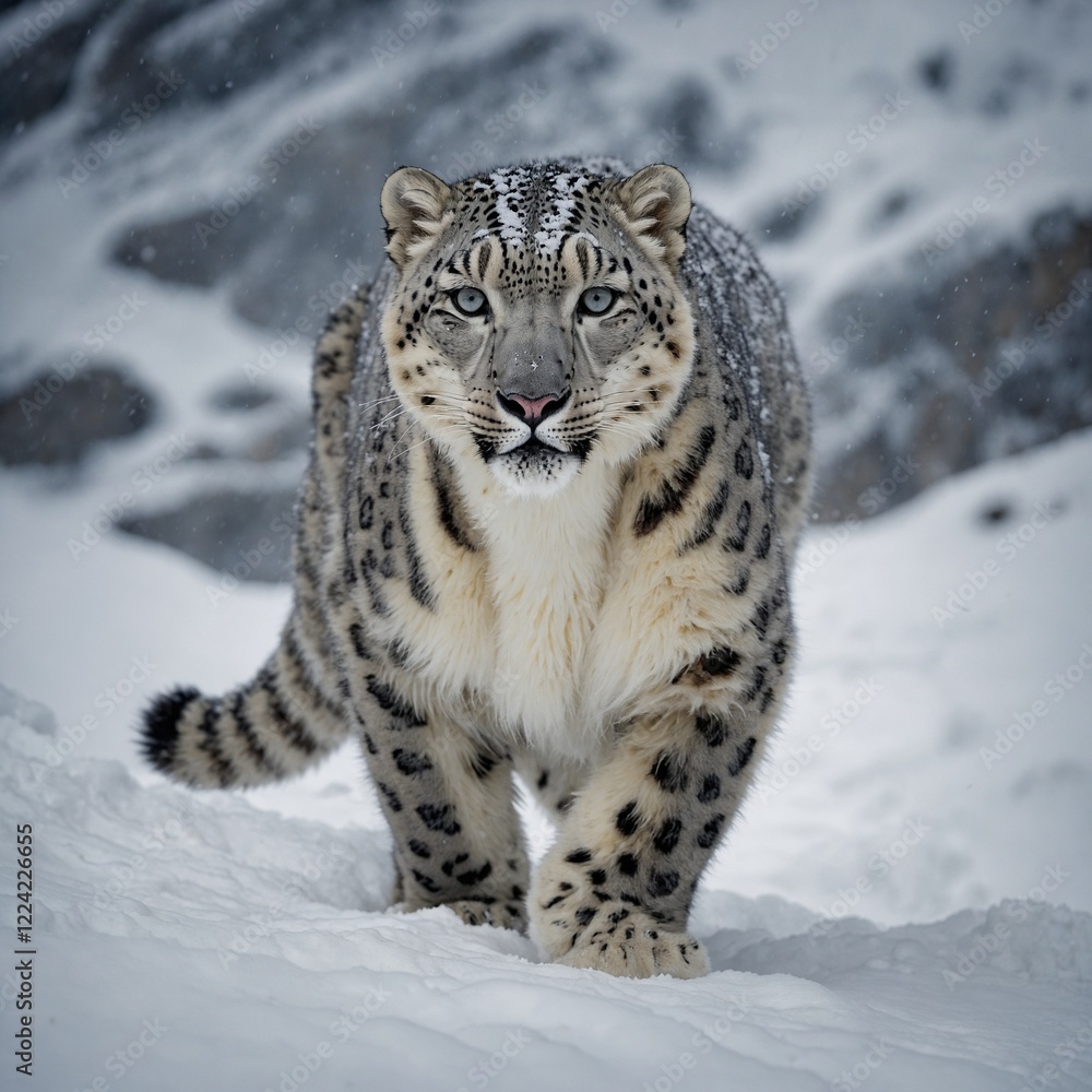 A snow leopard walking through a frosty canyon with sunlight filtering through. A snow leopard walking through a frosty canyon with sunlight filtering through.