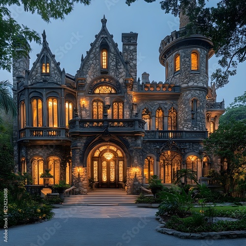 A Gothic-inspired mansion with pointed arches, intricate stonework, and dramatic lighting. photo