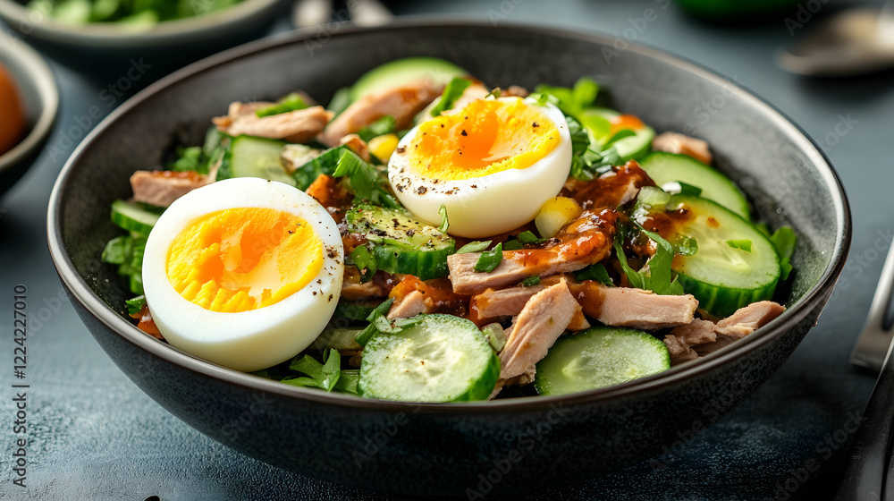 Healthy tuna, cucumber, and egg salad bowl; dark background; meal prep concept; healthy eating Healthy tuna, cucumber, and egg salad bowl; dark background; meal prep concept; healthy eating