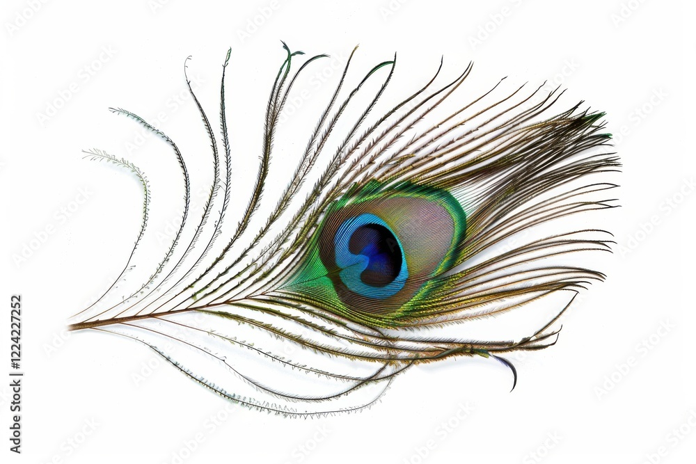 Obraz premium A delicate peacock feather showcasing vibrant hues against a clean, white backdrop, capturing nature's intricate beauty and design in fine detail isolated on transparent background