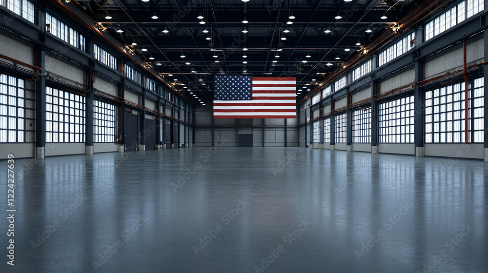 Large American factory interior; flag displayed; potential industrial space rental Large American factory interior; flag displayed; potential industrial space rental