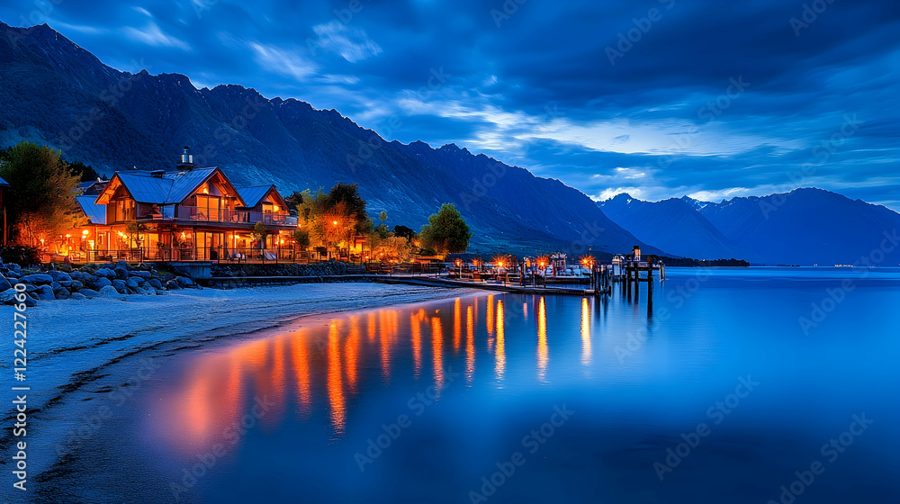 Naklejka premium Lakeside houses at twilight, mountains backdrop, calm water reflections. Use Travel brochure