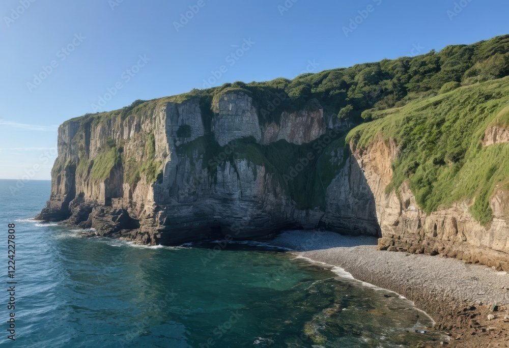 Dramatic Coastal Cliffs with Ocean Waves Crashing on Rocky Shore and Pebble Beach Dramatic Coastal Cliffs with Ocean Waves Crashing on Rocky Shore and Pebble Beach