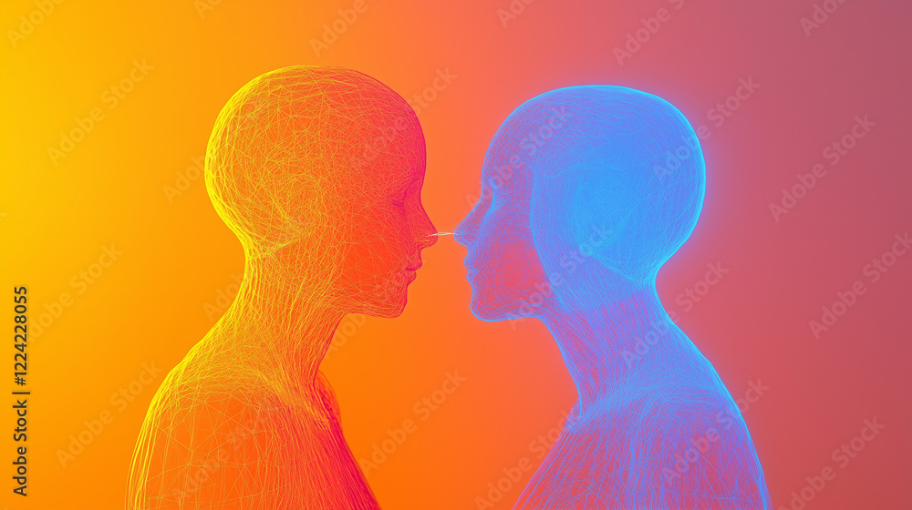 Fototapeta premium Two abstract human figures connected by a glowing bond, symbolizing unity and connection in a minimalist design