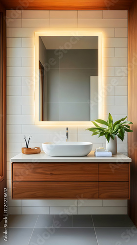 Modern bathroom vanity with illuminated mirror, minimalist design, natural wood, and plants photo