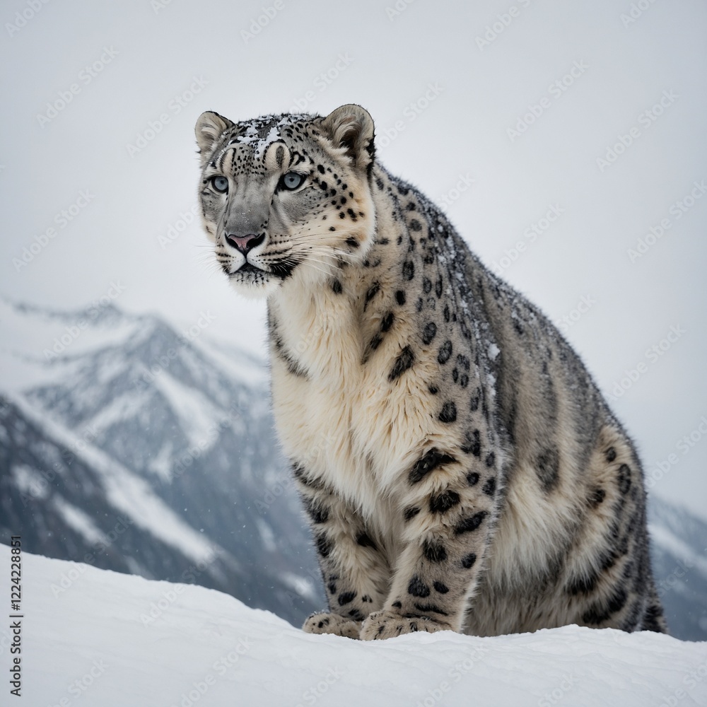 A snow leopard silhouetted against a white sky as it climbs a snow-covered mountain.