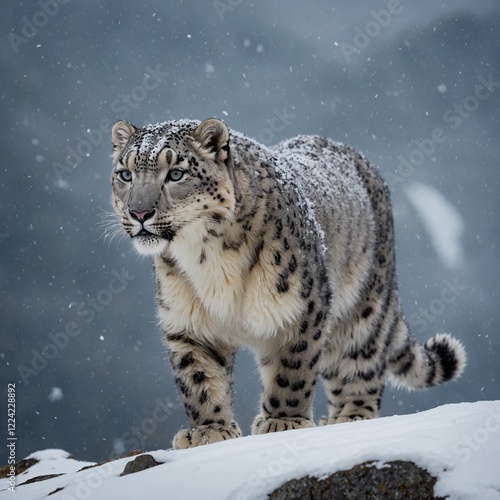 A snow leopard trekking along a ridge as snow flurries swirl around it. photo