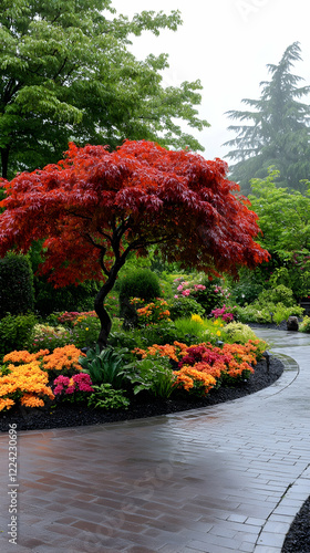 Rainy day garden path, vibrant red Japanese Maple tree, colorful flowers, lush greenery