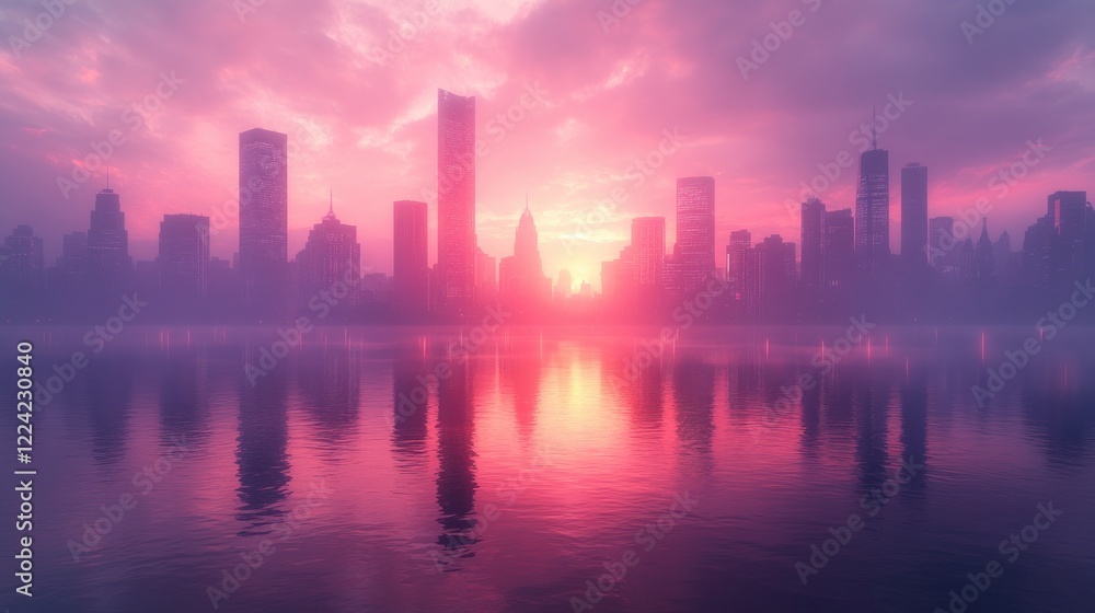 Fototapeta premium Stunning Warsaw Cityscape at Dawn with Skyscrapers and Calm River