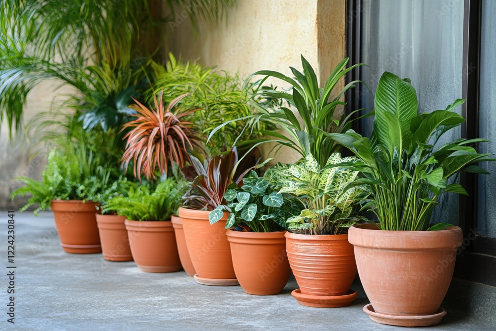 Fototapeta premium Tranquil Indoor Garden Plants in Terracotta Pots near Window
