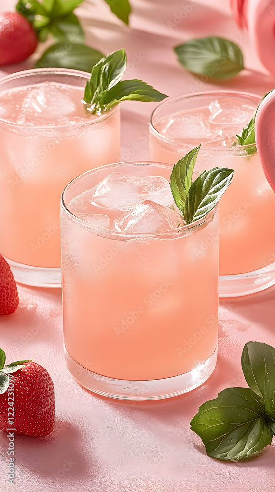 Refreshing strawberry basil cocktails, ice cubes, pink background, summer drinks Refreshing strawberry basil cocktails, ice cubes, pink background, summer drinks