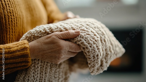 Close-up of hands holding a knitted blanket, showcasing texture and warmth in a cozy indoor setting, perfect for winter and home decor themes. photo