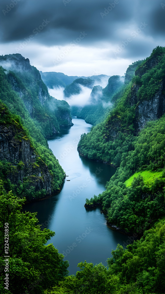 Serene fjord, misty mountains, tranquil river, boat, aerial view, nature tourism Serene fjord, misty mountains, tranquil river, boat, aerial view, nature tourism