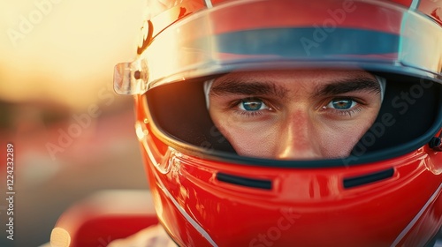 Focused Race Car Driver in Red Helmet at Sunset