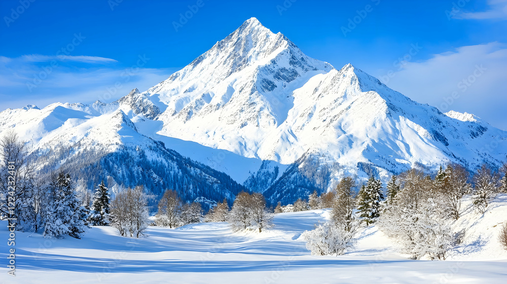 Fototapeta premium Snowy mountain peak, winter landscape, clear sky, alpine trees, travel postcard