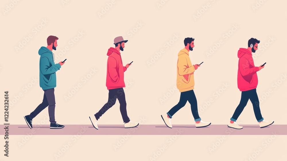 Four Men Walking and Using Smartphones Pixel Art Illustration Four Men Walking and Using Smartphones Pixel Art Illustration