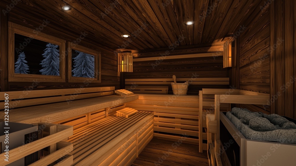 Wooden sauna interior, winter scene, relaxation, heat, wellness Wooden sauna interior, winter scene, relaxation, heat, wellness