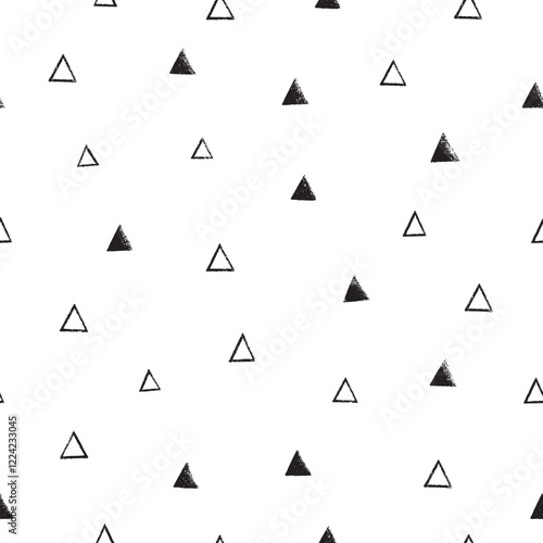 Free Download Linocat seamless pattern with triangless. Black and white block print.  Vector illustration in vintage technique. - GFXLoad