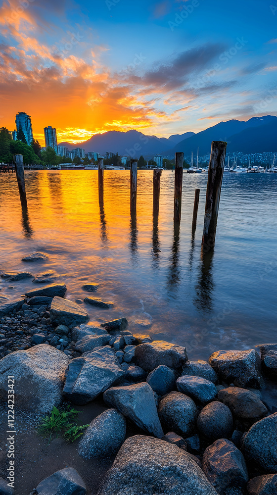 Sunset over city waterfront, calm waters reflecting vibrant sky, rocks in foreground, boats in harbor Sunset over city waterfront, calm waters reflecting vibrant sky, rocks in foreground, boats in harbor