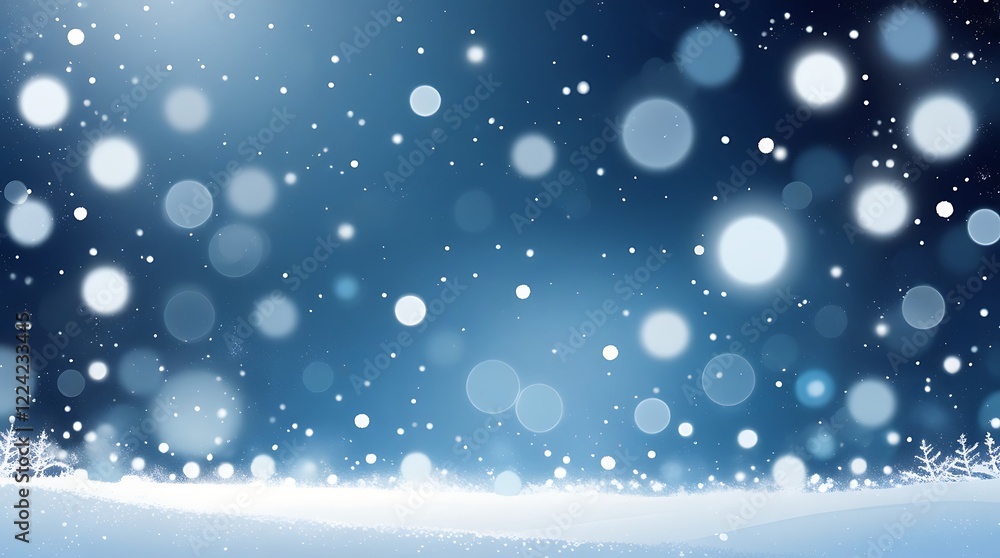 digital illustration with a winter bokeh style theme, featuring a gradient background transitioning from deep blue to lighter blue, horizontal background with a focus on a snowfall effect digital illustration with a winter bokeh style theme, featuring a gradient background transitioning from deep blue to lighter blue, horizontal background with a focus on a snowfall effect