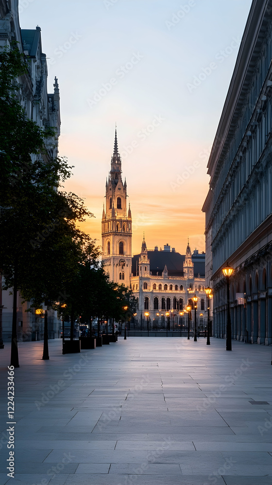 Naklejka premium Sunset view of city street, church tower, buildings, peaceful evening