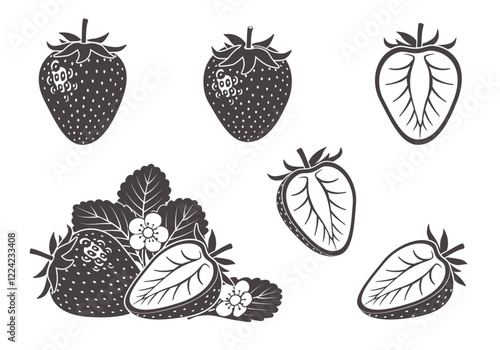 いちご　イラスト　アイコンセット　モノクロ