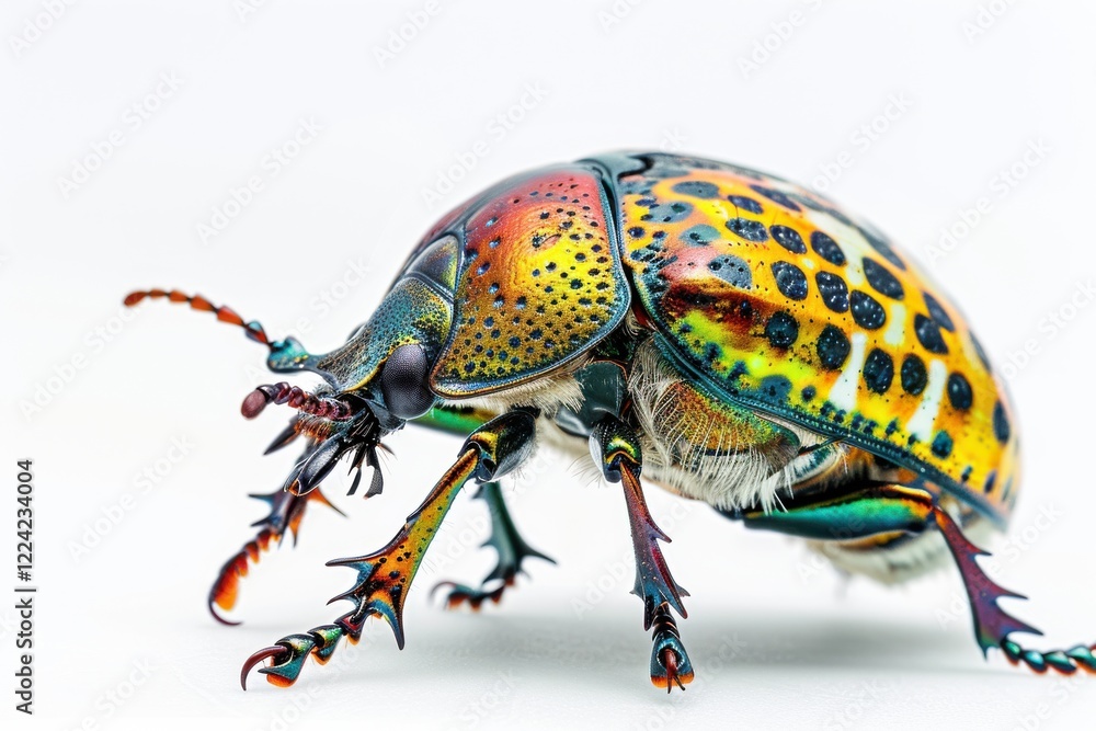 Naklejka premium A vibrant jewel beetle displays its stunning colors against a clean, white backdrop, showcasing nature’s intricate artistry and brilliance isolated on transparent background