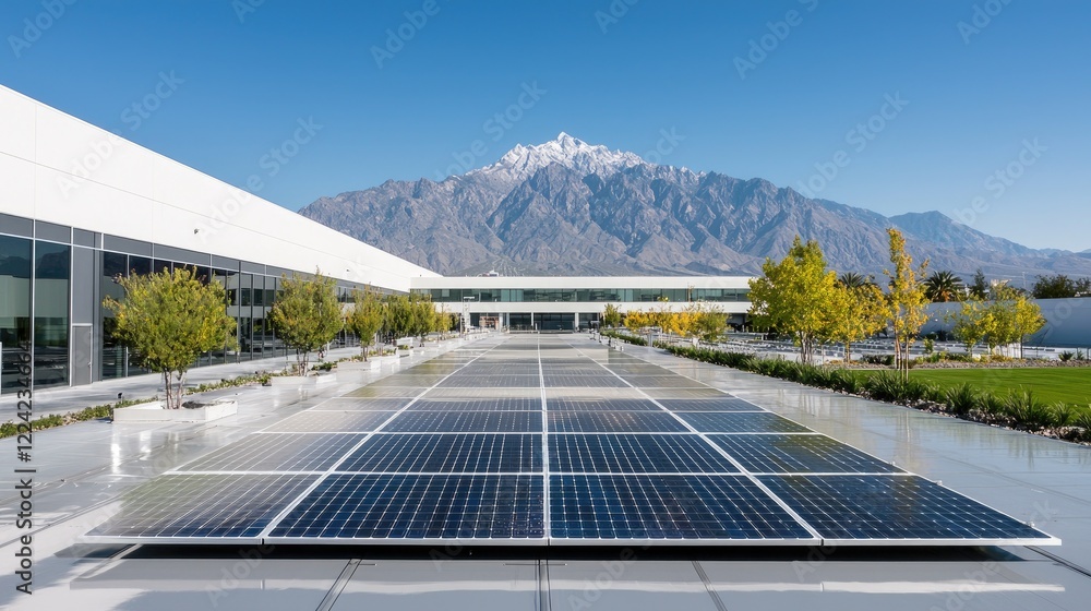 Modern building courtyard with solar panels, mountain backdrop. Use sustainable energy architecture