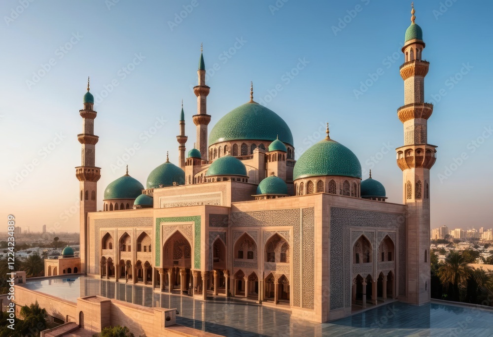 Obraz premium Stunning Teal Domes and Minarets of a Grand Mosque at Sunrise