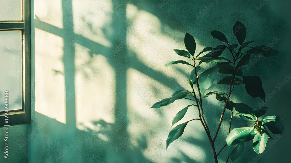 Sunlit plant by window, teal wall, shadow patterns, home decor Sunlit plant by window, teal wall, shadow patterns, home decor