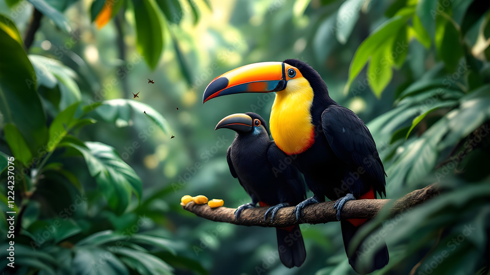 Medium size aracari toucan sitting on a branch in the rainforest. Medium size aracari toucan sitting on a branch in the rainforest.
