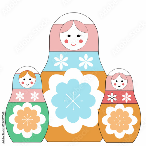 Charming matryoshka doll illustration featuring nesting dolls with floral designs, cheerful mood, designed in a cute graphic style