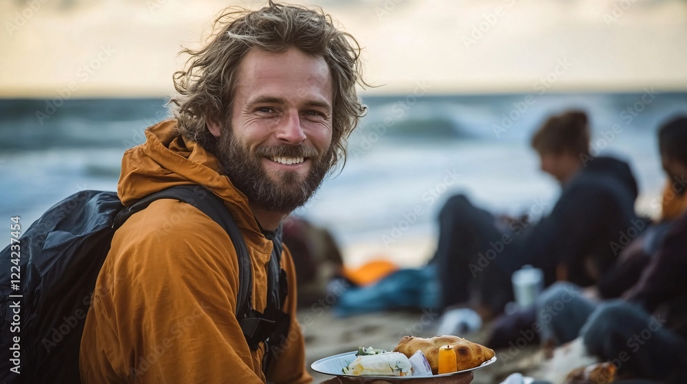Fototapeta premium A homeless man smiles while enjoying a warm meal on the beach, surrounded by a supportive community. His backpack hints at a nomadic lifestyle, embodying resilience and hope despite hardships
