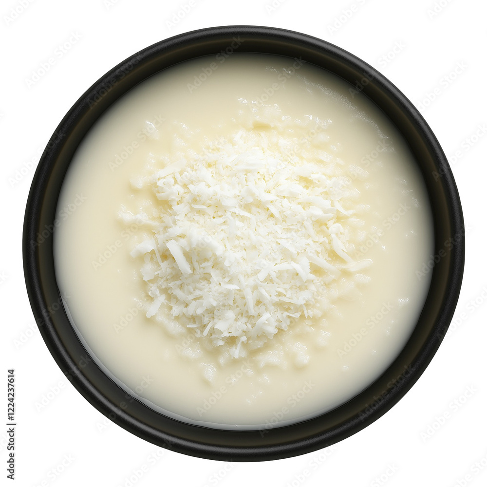 sweet coconut rice pudding in a bowl top view isolated on transparent white background, clipping path