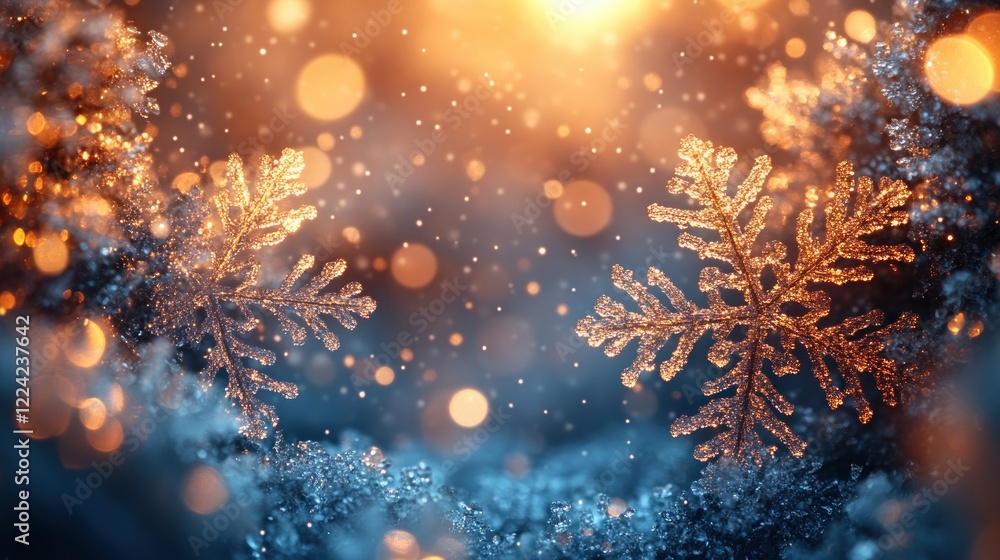 Fototapeta premium Dark Blue Winter Wonderland Background with Golden Snowflakes and Bokeh Lights