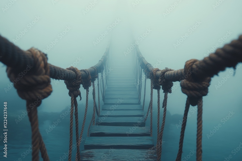 Fototapeta premium A bridge with ropes hanging from it and a foggy sky in the background