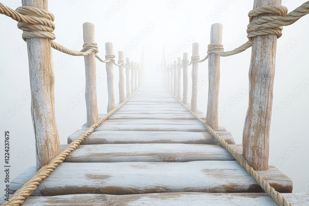 Naklejka premium A bridge with a rope railing and a foggy sky in the background