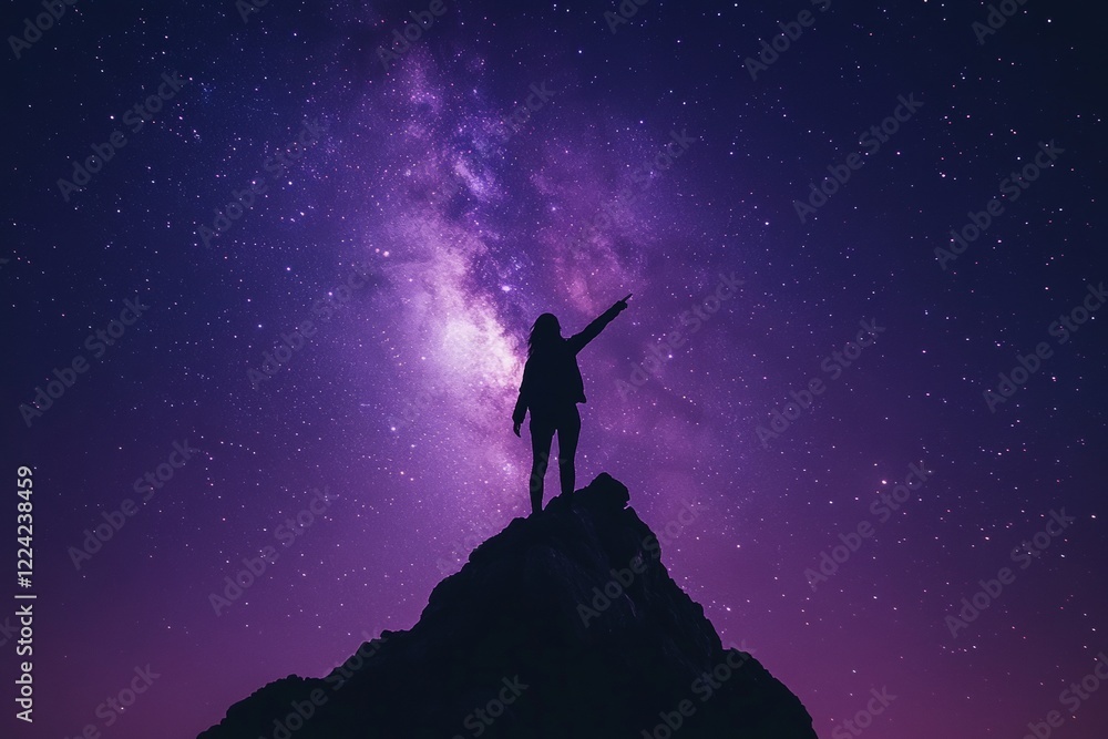 Fototapeta premium A man is standing on a mountain and pointing to the sky